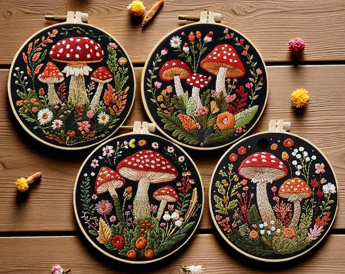 Mushroom Embroidery Kit: Cottagecore DIY Craft with Bamboo Hoop