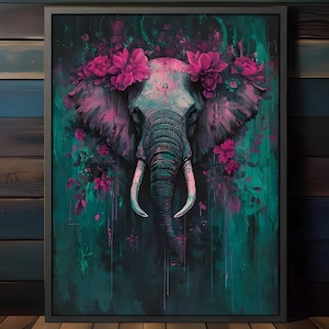 May include: Framed artwork depicting an elephant's head, decorated with pink flowers. The elephant is rendered in grey and teal hues, set against a teal and dark green backdrop. The artwork has a painterly style, with visible brushstrokes and a textured appearance.