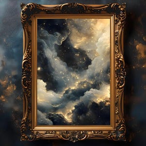 Celestial Night Sky Art Print: Moody Gothic Gold Star Decor