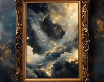 Celestial Night Sky Art Print: Moody Gothic Gold Star Decor