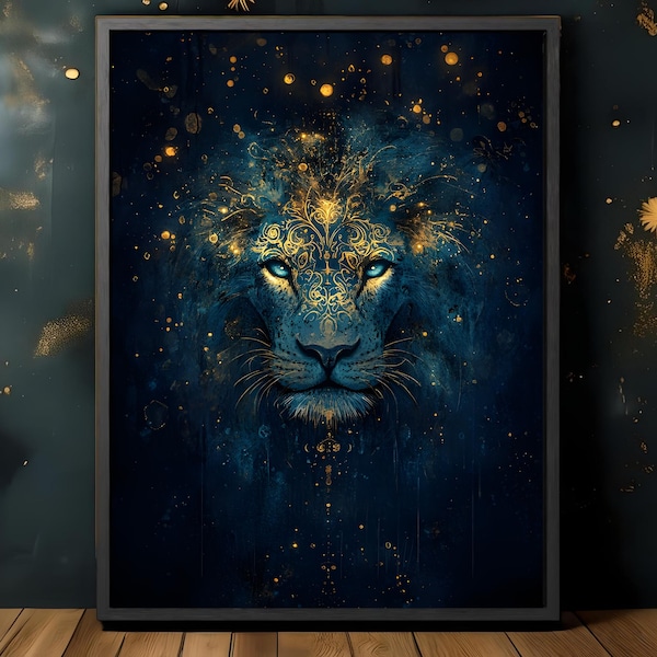 Blue Lion Art Print: Mystical Gold Celestial Decor