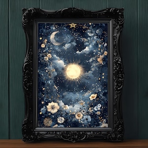 Floral Night Sky Wall Art Print | Dark Academia Decor | Abstract Night Sky Stars Print | Blue Maximalist Art | Celestial Art | Spiritual Art