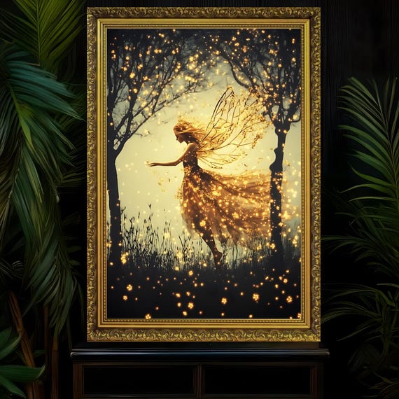 Impression d'art fées et lucioles : décor de forêt enchantée dorée - France