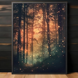Könnte beinhalten: Ein digitales Gemälde eines Waldweges in der Abenddämmerung. Die Bäume sind vor einem warmen orangenen Himmel silhouettiert, und der Weg wird von leuchtenden Lichtkugeln beleuchtet. Die Szene ist magisch und ätherisch.