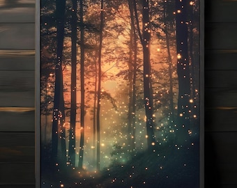 Lámina artística de un bosque de luciérnagas al atardecer: decoración de pared botánica encantada