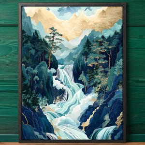 Ukiyo-e style of Hokusai Japanese Wall Art | Japanese Waterfall Art | Japanese Art | Classic Asian Décor | Blue Green Japanese Home Decor