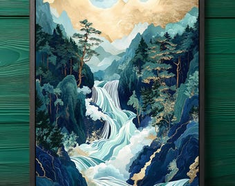 May include: Framed art print depicting a cascading waterfall scene. The artwork features a vibrant color palette of blues, greens, and gold accents. The waterfall flows through a mountainous landscape with lush trees and foliage, creating a serene and naturalistic aesthetic.