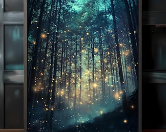 Mythical Forest Art Print: Moody Botanical Landscape with Fireflies