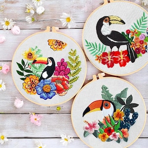 Tropical Toucans Embroidery Kit | Learn Embroidery Kit | Cross Stitch Kit | Craft Gift | Needlepoint Kit | Creative Gift | Hobby Gift Set