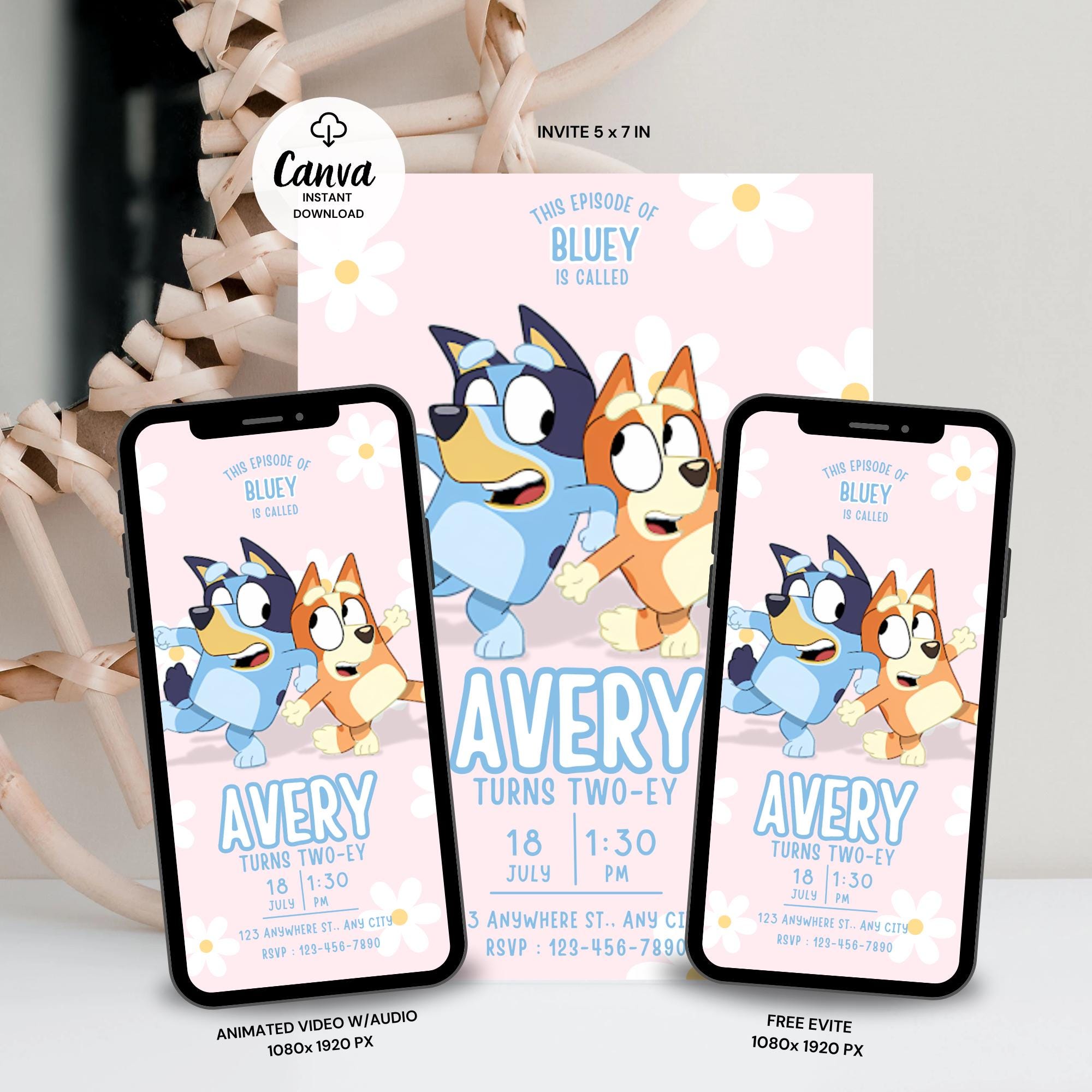 Bluey Two-Ey Invitation with Daisy Theme