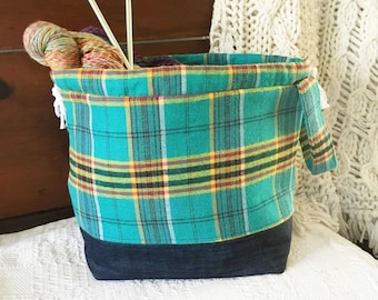 Fall Blue Plaid Project Bag- Yellow Project Bag- Large Project Bag- Crochet Project Bag- Cotton Drawstring Bag- Gift for Knitter