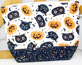 Fall Project Zipper Bag – Black Cat & Pumpkin Print, Knitting Storage