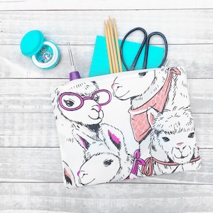 Llama Zipper Pouch- Llama Notions Pouch- Notions Case- Tool Bag- Zipper Bag- Alpaca Make Up Bag- Llama Love- Knitting Accessory