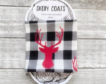 Small Deer Skein Coat- Black & White Skein Coat- Deer Fabric Yarn Bowl -50g Yarn Bowl- Plaid Yarn Cozy- Holiday Knitting- Skein Coats