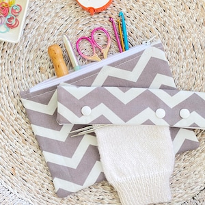 Gray Chevron Notions Pouch, Fall Zipper Pouch, Knitting Organizer, Best Friend Gifts