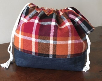 Fall Plaid Project Bag- Plaid Project Bag- Large Project Bag- Crochet Project Bag- Cotton Drawstring Bag- Gift for Knitter
