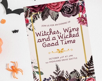 May include: A Halloween-themed invitation with floral accents and the text "Witches, Wine and a Wicked Good Time." The invitation is surrounded by orange pumpkins, black bats, and spiders, creating a festive atmosphere.