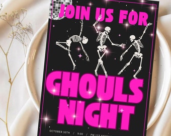 Plantilla de invitación para fiesta de Halloween de Ghouls Night, imprimible y editable, para una noche de chicas, plantilla de Canva para fiesta de Halloween de adultos.