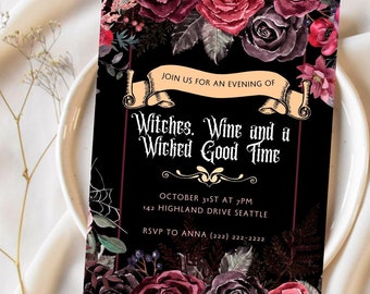 May include: A Halloween party invitation with a black background, adorned with burgundy roses and floral accents. The invitation reads "Witches, Wine and a Wicked Good Time" with event details. RSVP information is included.