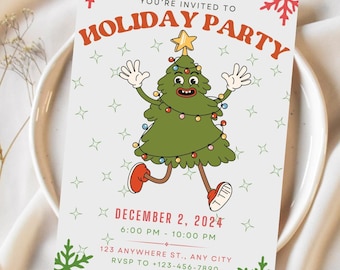 May include: A festive holiday party invitation with a cartoon Christmas tree wearing red shoes and holding up its arms. The text reads "You're invited to Holiday Party" and includes the date, time, and location.