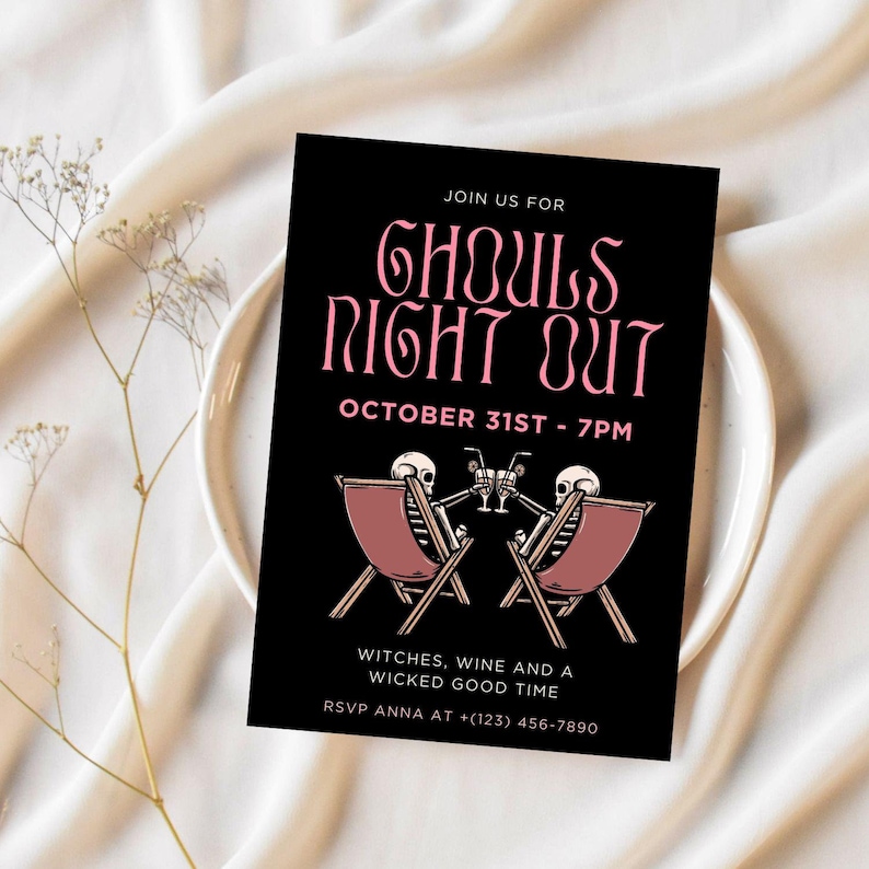 Ghouls Night Out Halloween Party Invitation Template Editable Template for Girls Night Out Cute Halloween Party Invite for cocktail party