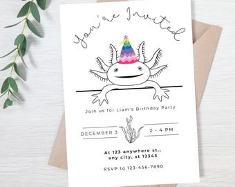 Axolotl Geburtstagseinladung Vorlage für Jungen Geburtstag Sofortiger Download Bearbeitbare Kindergeburtstagvorlage Niedliche Axolotl-Kindergeburtstagseinladung