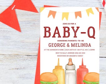 BBQ-baby showeruitnodiging Baby-q babyshoweruitnodiging achtertuin babyshower BBQ-party baby strooi genderneutraal bewerkbare canva-uitnodiging