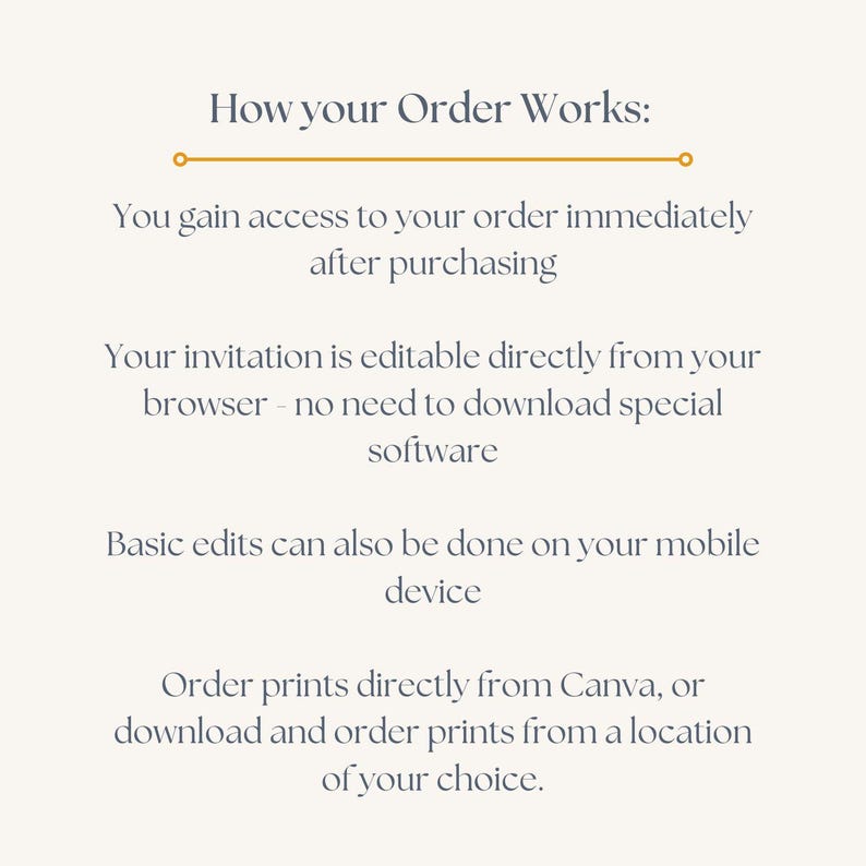 Puede incluir: Gr&aacute;fico color crema con el texto "How your Order Works:" y instrucciones. El texto explica el acceso inmediato despu&eacute;s de la compra, la edici&oacute;n desde el navegador, las ediciones m&oacute;viles y las opciones de impresi&oacute;n.