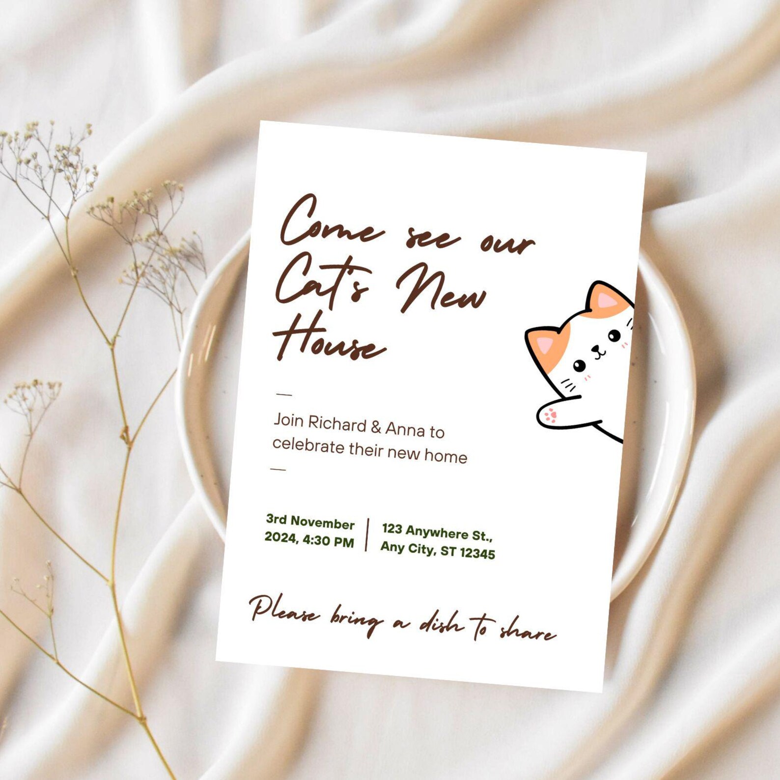 Editable Funny Housewarming Invitation for House Warming Party Cute Cat ...