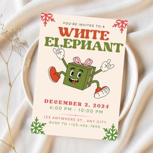 Peut inclure: Une invitation festive à une fête de l'éléphant blanc avec un personnage de boîte-cadeau verte en dessin animé. L'invitation comprend la date, l'heure et le lieu de l'événement. Les informations de RSVP sont également incluses.