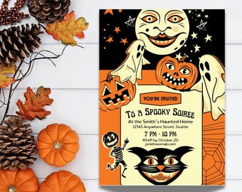 Zaproszenia na Halloween w stylu vintage Zaproszenie na imprezę Halloween Zaproszenie na imprezę w kostiumie Halloween dla dorosłych w stylu retro Edytowalne do wydrukowania Cyfrowe pobieranie Canva
