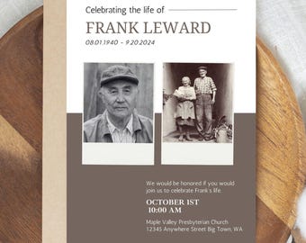 Puede incluir: Una invitación de memorial en blanco y negro para Frank Leward. La invitación incluye una foto de Frank y una foto de Frank con otra persona. La invitación incluye el texto "Celebrating the life of Frank Leward 08.01.1940 - 9.20.2024" y "We would be honored if you would join us to celebrate Frank's life. OCTOBER 1ST 10:00 AM Maple Valley Presbyterian Church 12345 Anywhere Street Big Town WA"