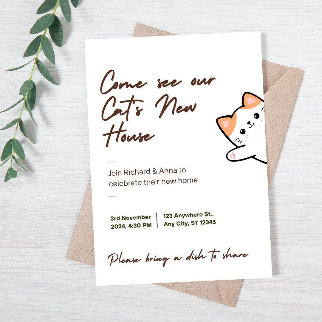 Editable Funny Housewarming Invitation for House Warming Party Cute Cat ...