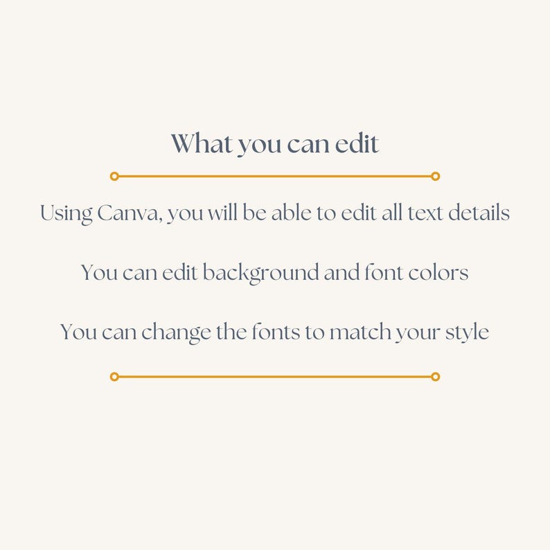 Puede incluir: Gr&aacute;fico color crema con texto azul oscuro. El texto dice "Qu&eacute; puedes editar" y describe la capacidad de editar detalles de texto, fondo y colores de fuente, y cambiar fuentes para que coincidan con tu estilo.
