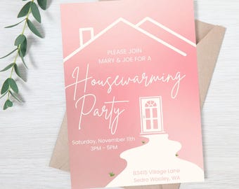 Editable Housewarming Invitation for House warming party Pink minimal housewarming invitation for digital and print Canva Template