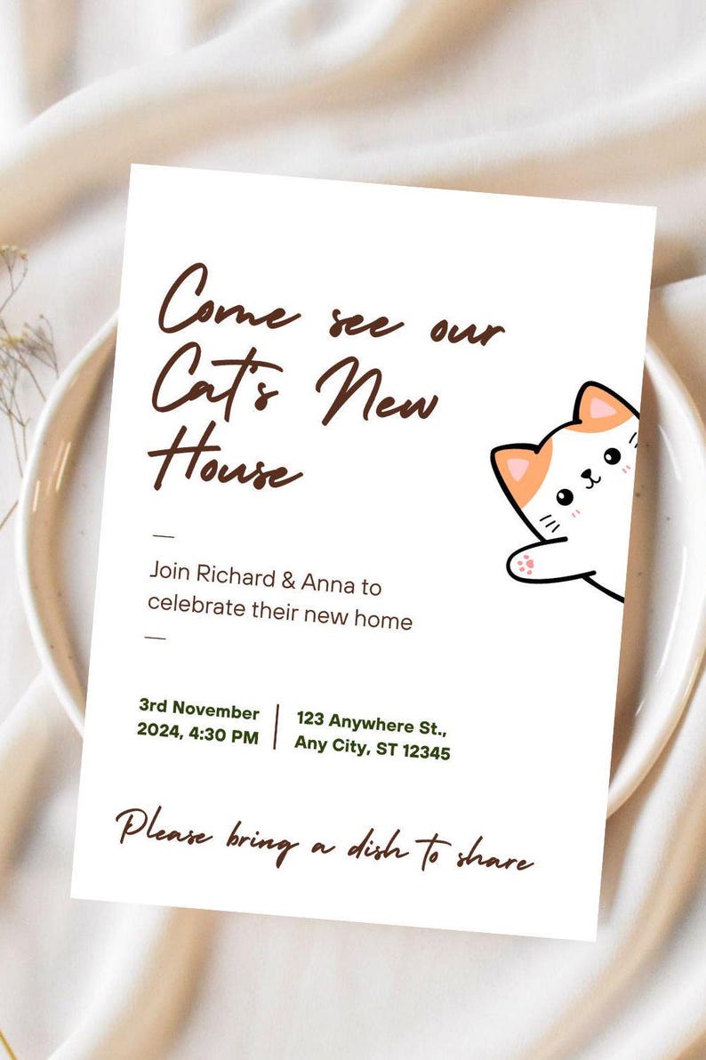 Editable Funny Housewarming Invitation for House Warming Party Cute Cat ...