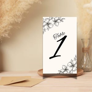 Op de afbeelding: Zwart-witte tafelnummerkaart met bloemenmotief en de tekst "Tafel 1" in een cursief lettertype.