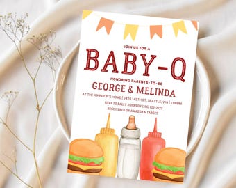 BBQ-baby showeruitnodiging Baby-q babyshoweruitnodiging achtertuin babyshower BBQ-party baby strooi genderneutraal bewerkbare canva-uitnodiging