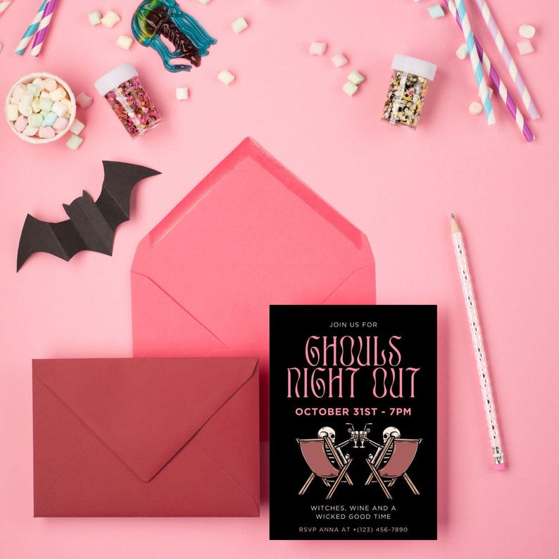 Ghouls Night Out Halloween Party Invitation Template Editable Template for Girls Night Out Cute Halloween Party Invite for cocktail party