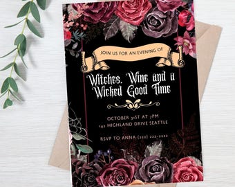 May include: A Halloween party invitation with a black background, adorned with burgundy and dark red roses. The invitation reads "Witches, Wine and a Wicked Good Time" with event details. A kraft paper envelope is visible.