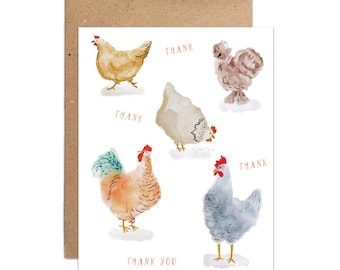 Watercolor Chickens Blank Thank You Card