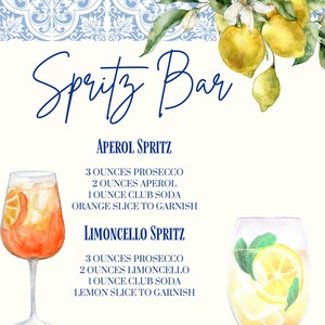 May include: A watercolor illustration of a Spritz Bar menu. The menu features Aperol Spritz and Limoncello Spritz recipes, with ingredients and garnishes listed. The background has a blue and white tile pattern, with lemon and floral accents.
