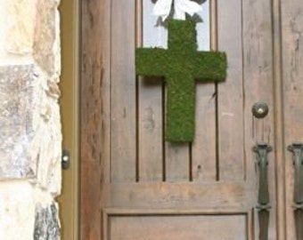 Moss Covered 18 Inch Wooden Cross Door Wreath WEDDING BAPTISM