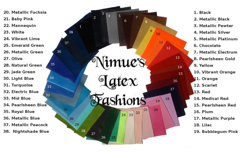 K&ouml;nnte beinhalten: Eine Farbkarte mit 38 verschiedenen Farben von Latexstoff. Die Farben sind in einem Kreis angeordnet, wobei die Namen der Farben neben jedem Farbmuster aufgef&uuml;hrt sind. Die Farben umfassen Schwarz, Wei&szlig;, Rot, Blau, Gr&uuml;n, Gelb, Orange und Lila. Der Text "Nimue's Latex Fashions" befindet sich in der Mitte des Kreises.