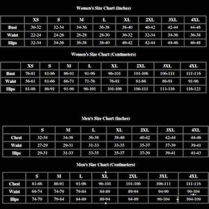 May include: A size chart for women and men's clothing, showing measurements in inches and centimeters for bust, waist, and hips. The chart includes sizes from XS to 4XL.