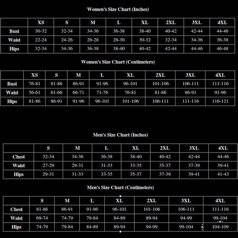 May include: A size chart for women and men's clothing, showing measurements in inches and centimeters for bust, waist, and hips. The chart includes sizes from XS to 4XL.