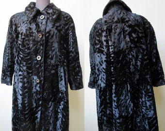 70's Vtg. Plush & Chic Sculpted Velvet Faux Lamb Fur MOD Swing Coat