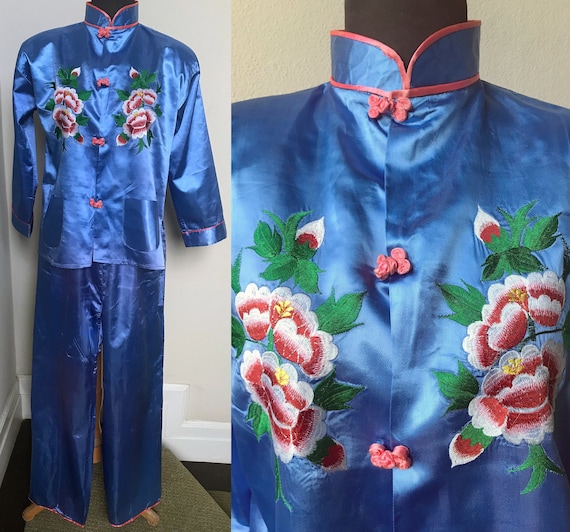 60's Lovely Sky Blue Satin Japanese Embroidered Ma