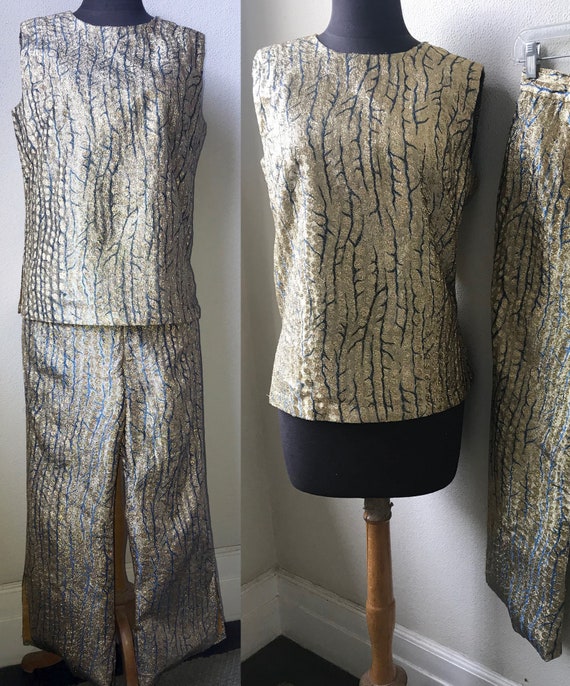 60's Sparkly and Chic Mod Gold Brocade 2pc. Holida