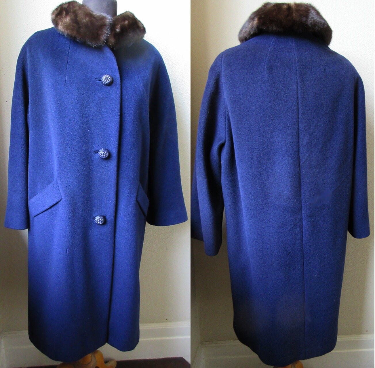 60's Deluxe Cobalt Blue Mink Collar Cashmere Blend Full Jackie-o
